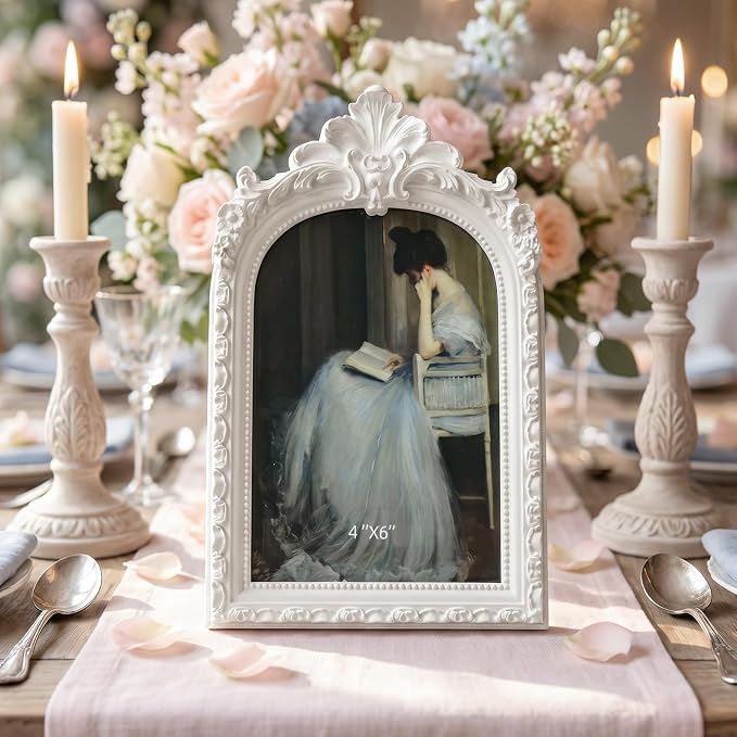 Cuspin 4x6 White Arched Picture Frame, Vintage Ornate Resin Photo Frame - Image 8