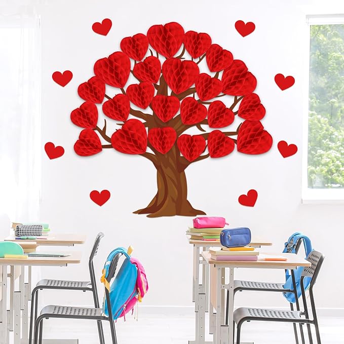 JarThenaAMCS 50Pcs Valentine' s Day Tree Bulletin Board Set 3D Heart Honeycomb - Image 5