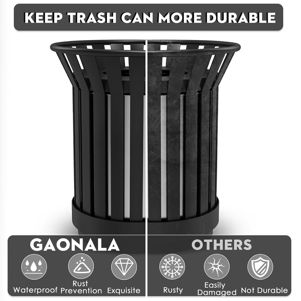 17Gallon Round Large Outdoor Trash Can, Heavy Duty Metal Slatted Garbage Can Outdoor, All Weather Resistant Commercial Garbage Cans, Waste Receptacle in Park, School, Beach, Patio (Black, Large)