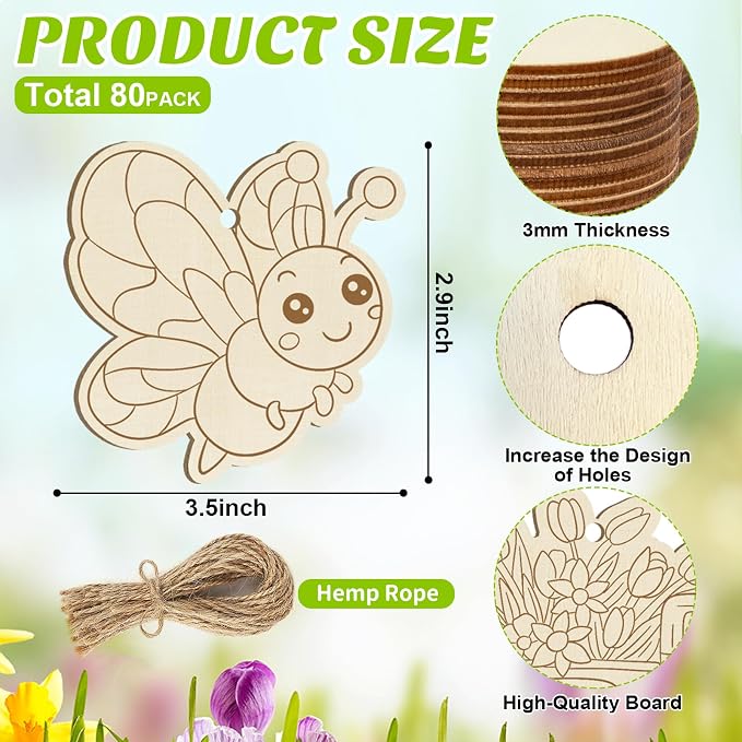 80PCS Wooden Spring Ornaments to Paint, 10 Styles DIY Blank Unfinished Wood - Image 7