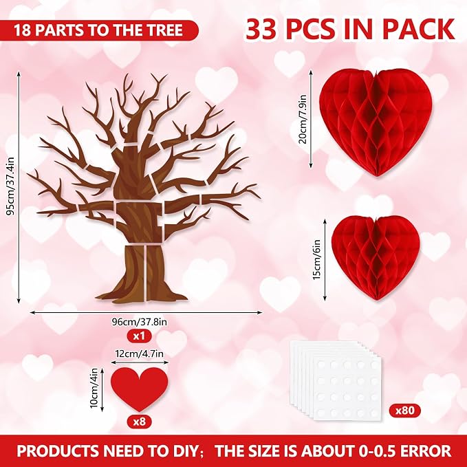 JarThenaAMCS 50Pcs Valentine' s Day Tree Bulletin Board Set 3D Heart Honeycomb - Image 2