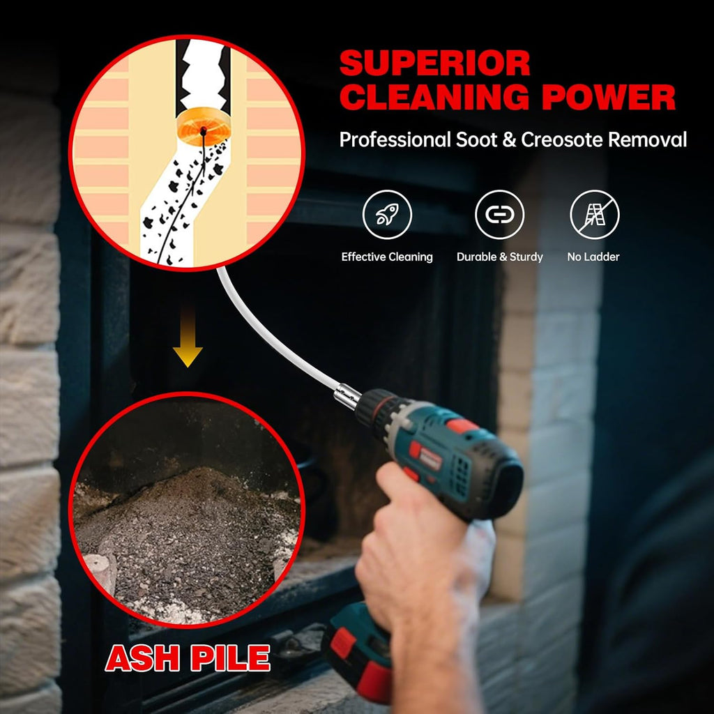 30 Feet Chimney Sweep Kit, Chrome Button Locking System, Chimney Cleaning Kit, Chimney Brush, Chimney Cleaning Tool, Chimney Cleaning System with 9 Flexible Chimney Rods