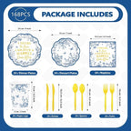 168Pcs Blue Floral Plates Blue Toile Scalloped Plates and Napkins Serves 24 | - Image 4