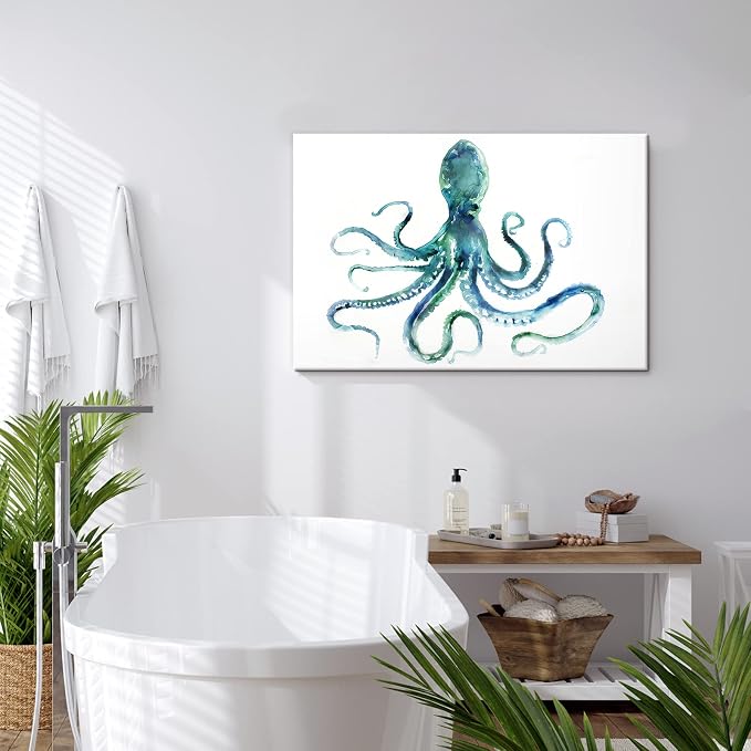 JAPO ART Blue Octopus Bathroom Decor Canvas Wall Art by Edward Selkirk Coastal - Image 7