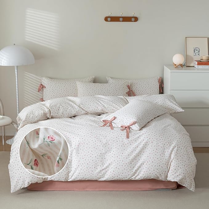mixinni White Flower Pattern Duvet Cover Full Pink Floral Stripes Duvet Cover - Image 2