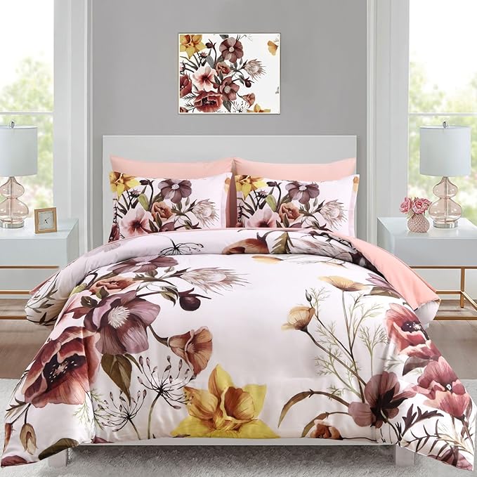 Luxudecor Floral Comforter Set King Size 7 Piece, Blush Flower Bed in a Bag by Luxudecor
