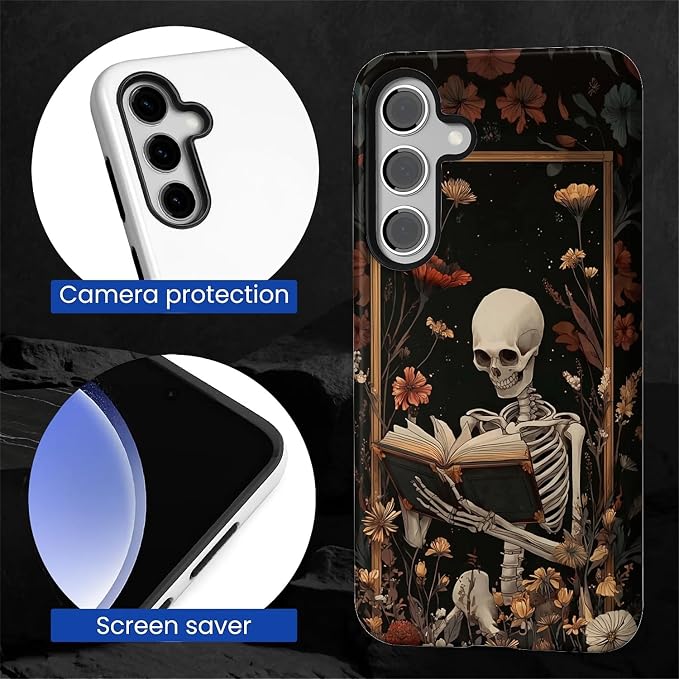 Case for Samsung Galaxy S24 Plus Case, Skeleton Reader Goth Floral Design - Image 2
