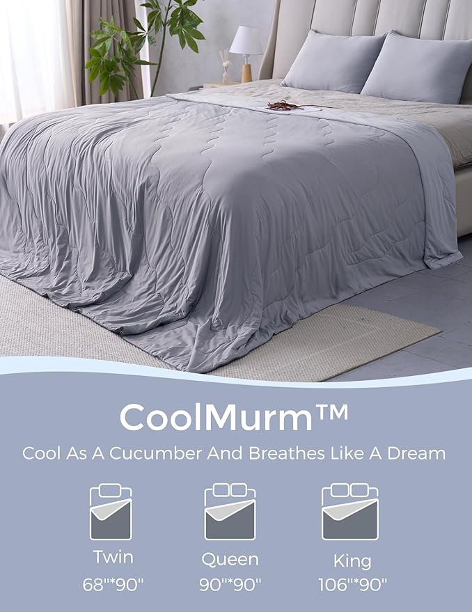 Momcozy Life CoolMurm Cooling Comforter for Hot Sleepers, Full/Queen 90"x90" Soft Breathable Pregnancy Cooling Blanket, 3-Second Cooling, 8 Hours+ Stay Cool All Night, Deep Light Grey