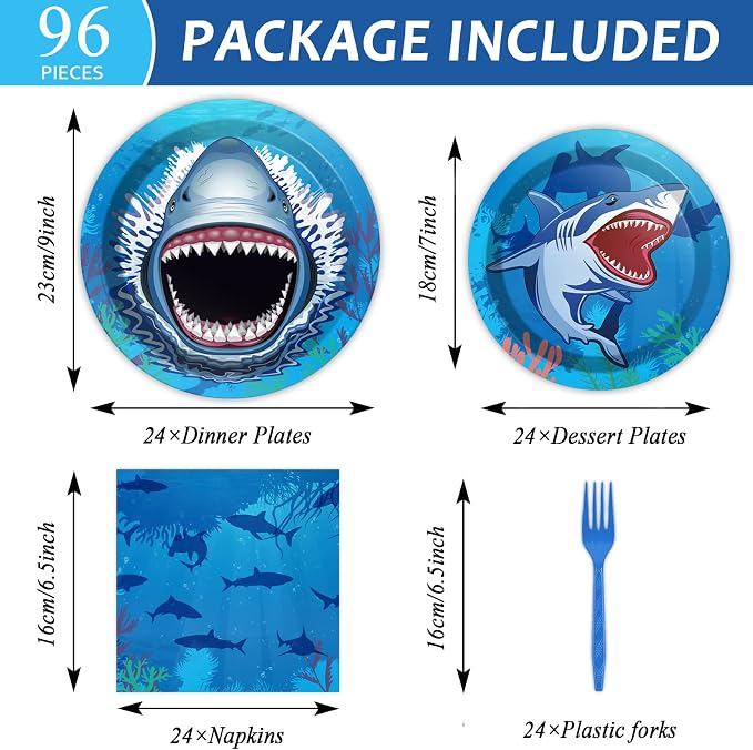 24 Guests Shark Theme Party Decorations Under the Sea Party Tableware Set Shark - Image 2