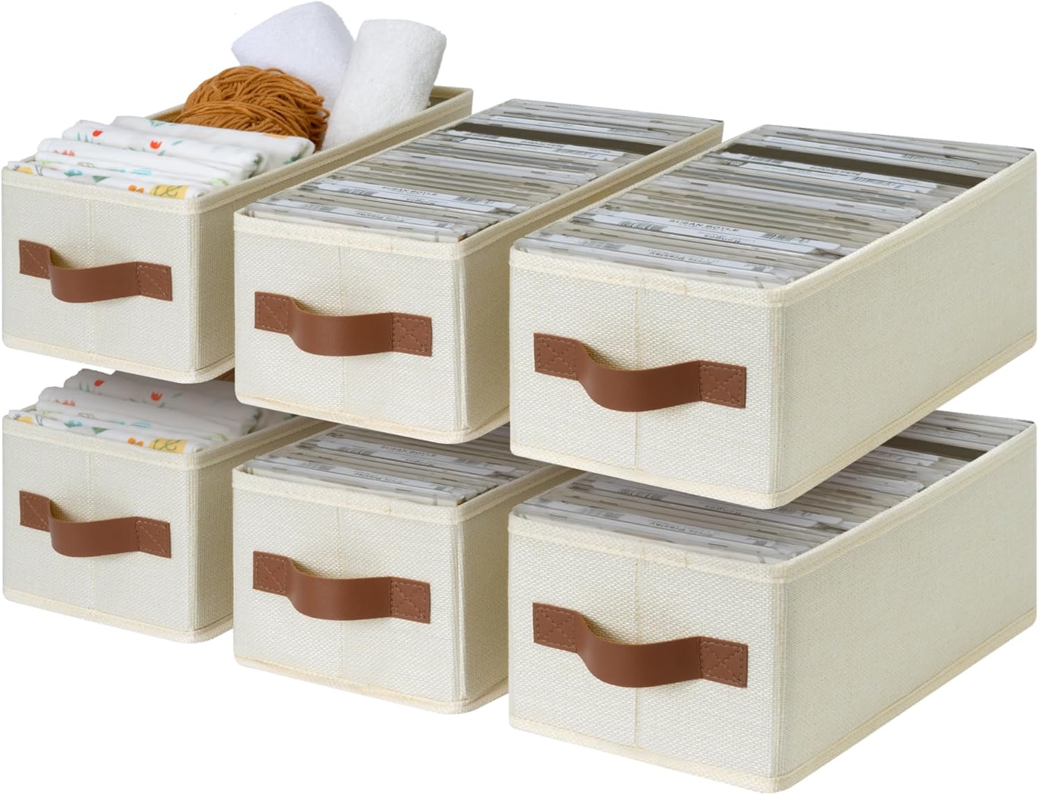 GRANNY SAYS Small Fabric Storage Bins, Storage Baskets for Shelves with PU Handles, Toilet Paper Storage, Mini Baskets for Organizing DVD, Photos, Clothes, Diaper, Sock, Cd, 6-Pack, Ivory