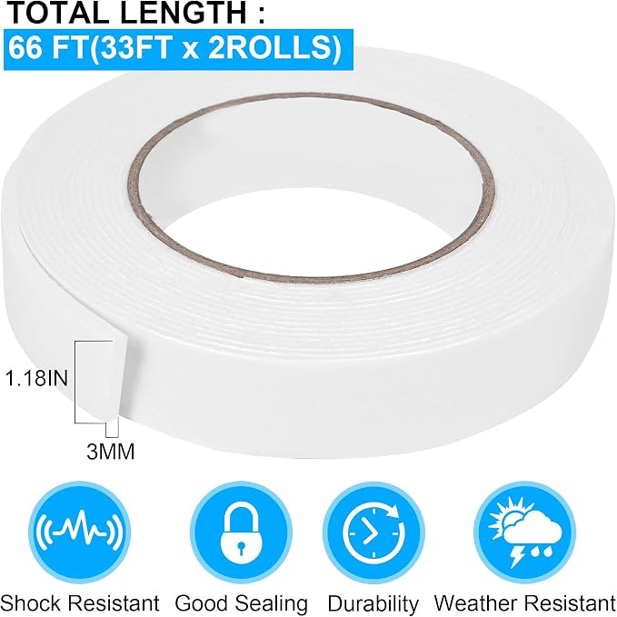 Double Sided Foam Tape 1.18In x 33FT 2 Pack, Mounting Tape Heavy Duty, Strong - Image 2