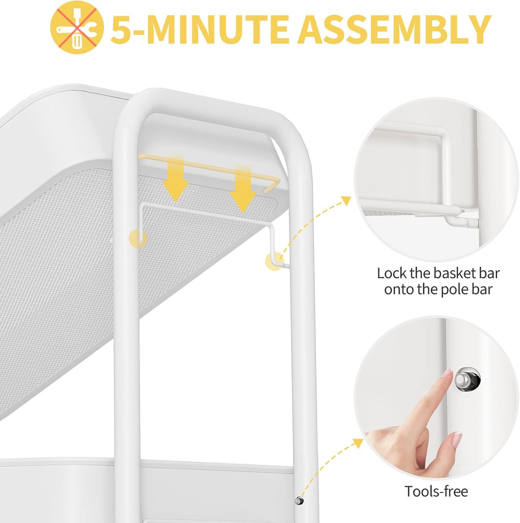 TOOLF 3 Tier Rolling Cart Storage Organizer, Metal Rolling Utility Cart with Wheels, Hooks & Bins Esthetician Craft Art Sturdy Storage with Pegboard for Bathroom, Kitchen, Office, Nursery Diaper
