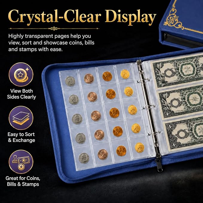 ANKHOH Zippered Coin Collection Book, 200 Pockets and 30 Bill Sleeves | PU - Image 9