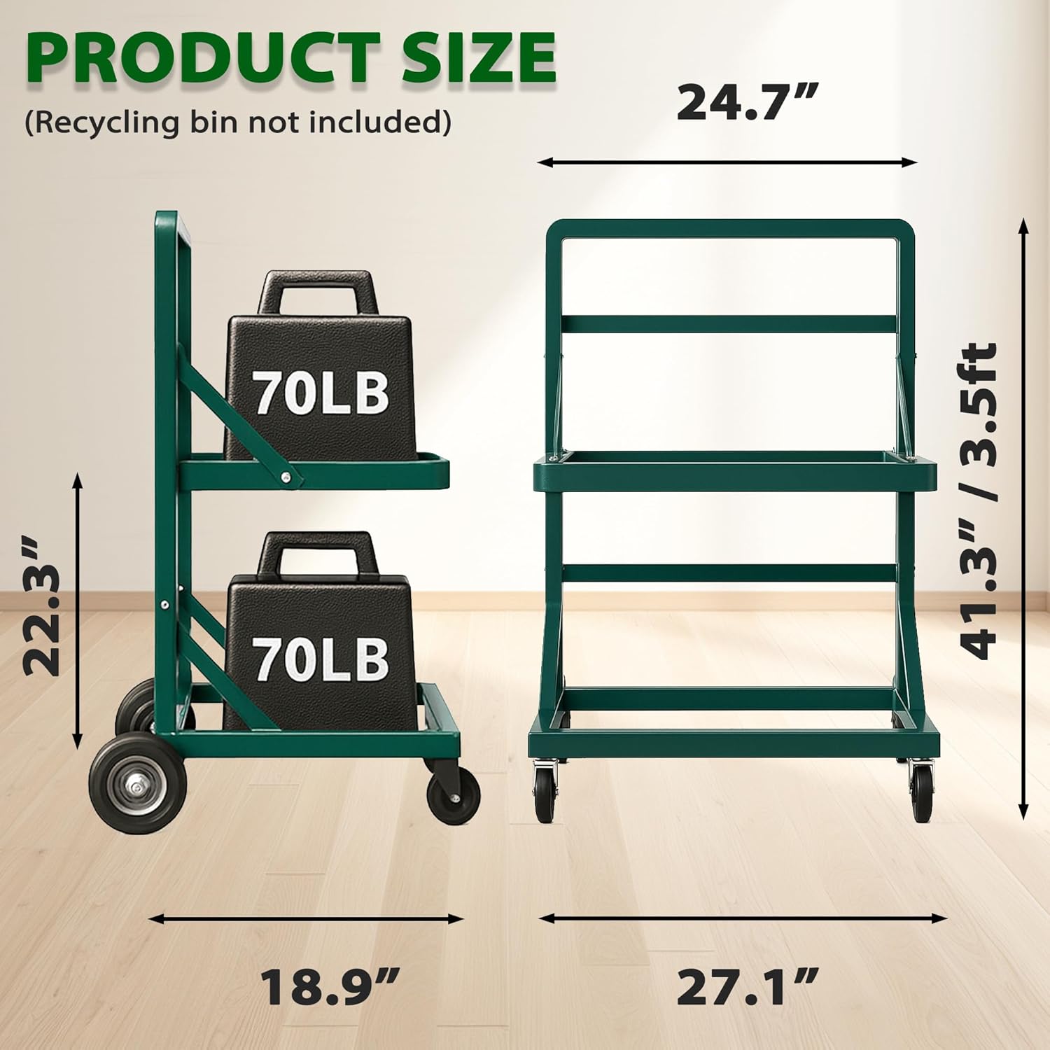 Recycling Cart,2-Tier Recycle Bin Cart with Wheels,Holds up to 140 Lbs,Rolling Utility Organizer for Garbage Sorting,Warehouse and Garage (Green)