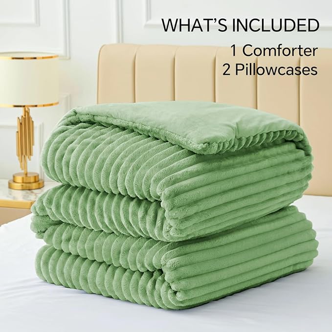 BEDELITE Fleece California King Comforter Set -Super Soft & Warm Fluffy Green - Image 6