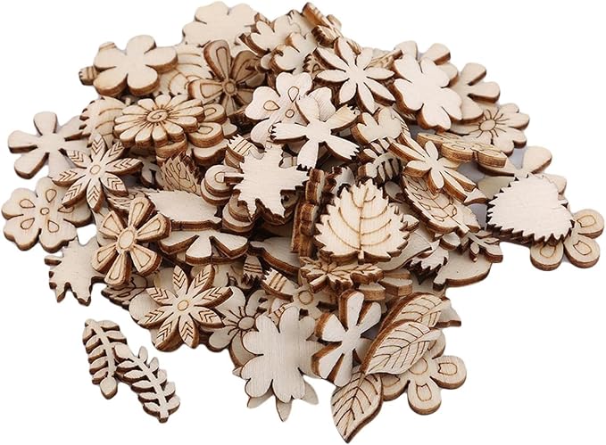 100 Pcs Unfinished Wooden Flower Wood Slice Leaf Pattern Cutouts Wood Pieces by Unknown