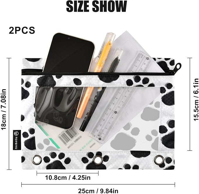 Black Paws Print Pencil Pouch for 3 Ring Binder, 2 Pack Waterproof Pencil Bags - Image 3