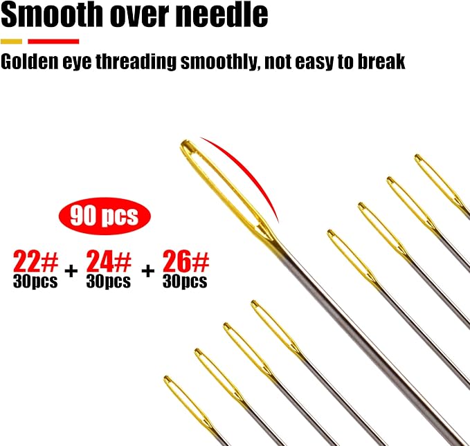 90pcs Cross Stitch Needles +2 Needle Threader Golden Color Large Eyes Cross - Image 3