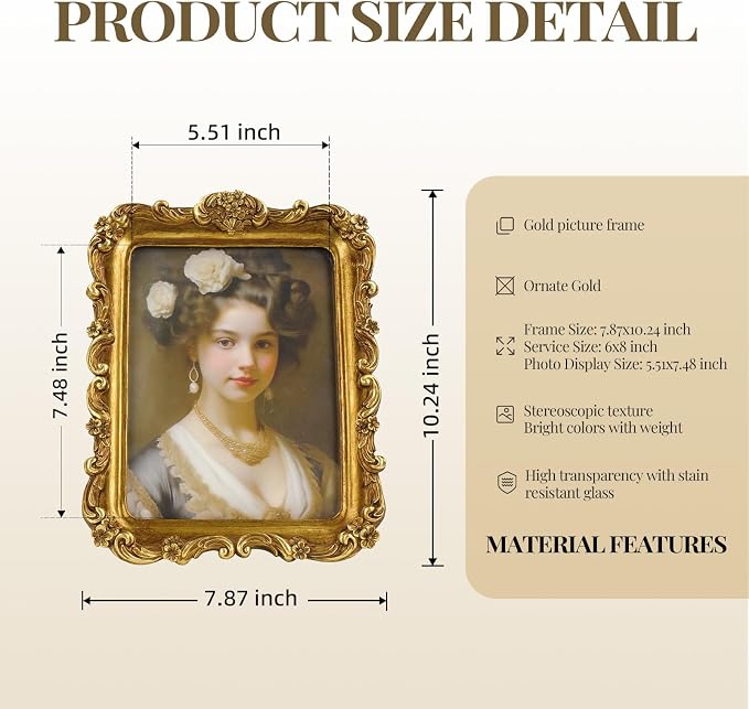 Cuspin Vintage Picture Frame 6x8 Gold Frames, Ornate Floral Resin Photo Frame - Image 5