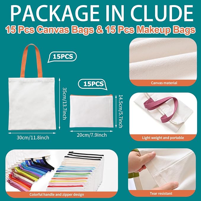 30-Pack Sublimation Blanks Tote Bags, 15 Canvas Tote & 15 Makeup Bags | - Image 2