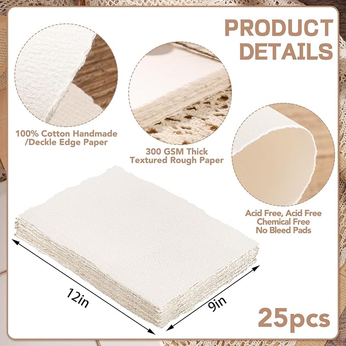 25 Sheets Watercolor Paper 9X 12, 300 GSM Deckled Edge Paper Rough/Textured - Image 2
