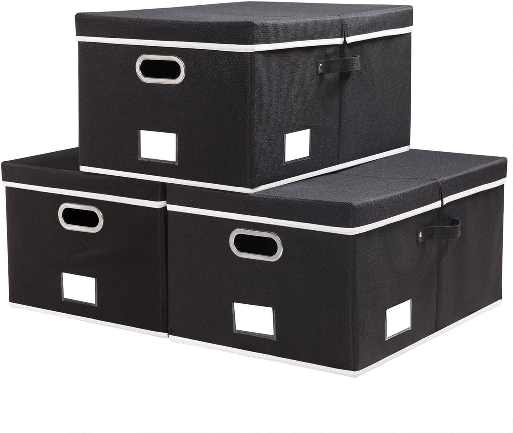 PRANDOM Storage Boxes with Lids [3-Pack] Fabric Collapsible Storage Bins Organizer Containers Baskets Cube with Cover for Home Bedroom Closet Office Nursery Black（23.4X15.9X11.5