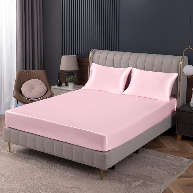 Homiest Blush Pink Satin Fitted Sheet Queen Size, Deep Pocket, Luxury & Ultra by Homiest