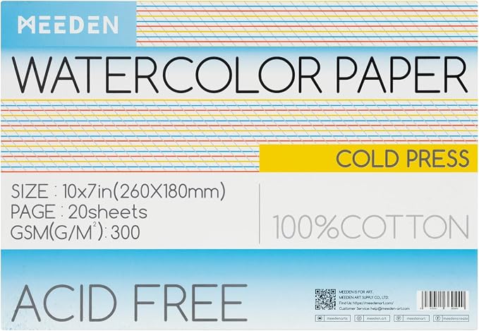 MEEDEN Watercolor Paper Block, 100% Cotton Watercolor Paper Pad of 20 Sheets by MEEDEN