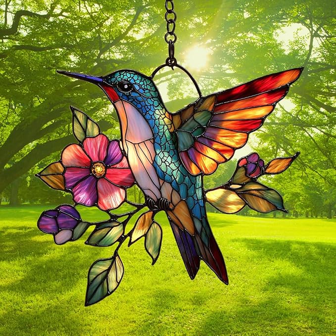 Flowers and Hummingbird Acrylic Suncatcher Stained Glass Effect Window Car - Image 3