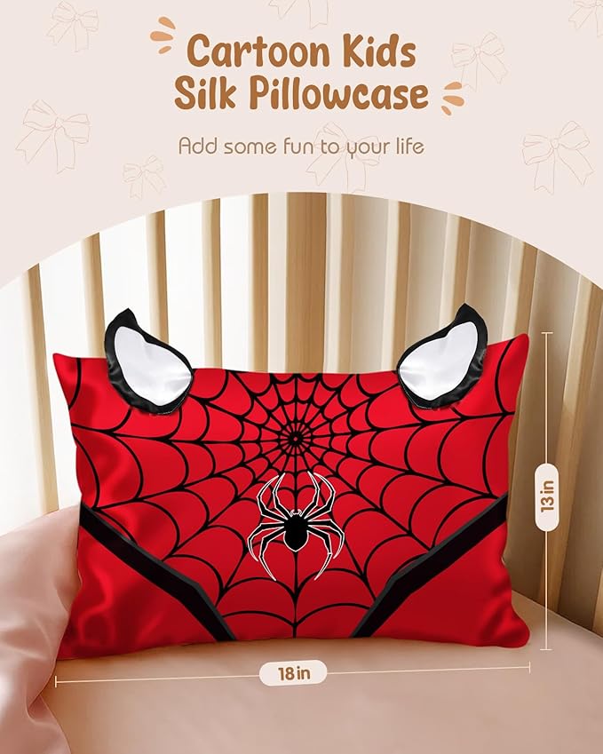 Toddler Pillowcases 13"x18" for Kids - Cute Cartoon Soft Breathable Silk Pillow Cases for Hair and Skin with Hidden Zipper for Boys Fun Kawaii Design for Bedding, Red