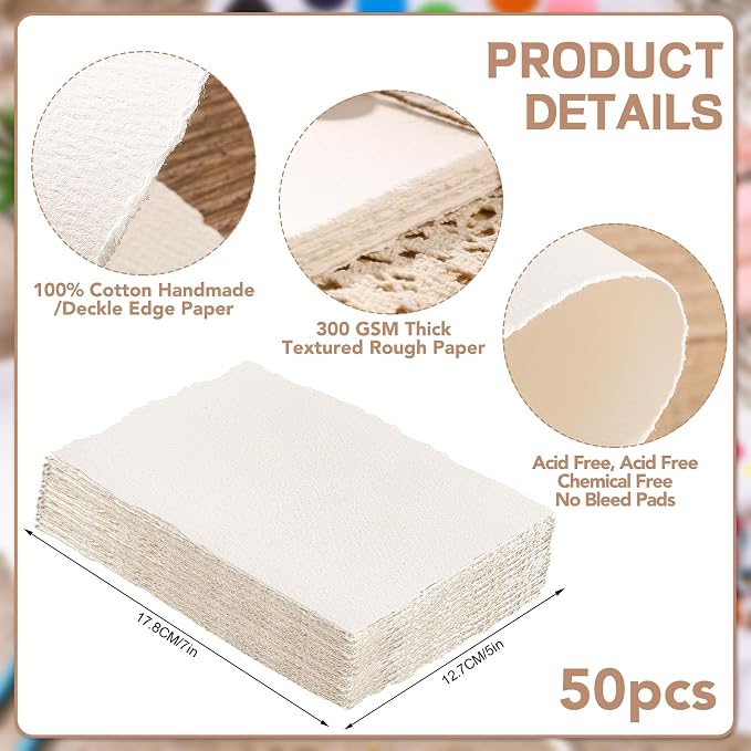 Prudiut 50 Sheets Cotton Watercolor Paper, 5 x 7 inches, 300 GSM, Deckled Edge - Image 2