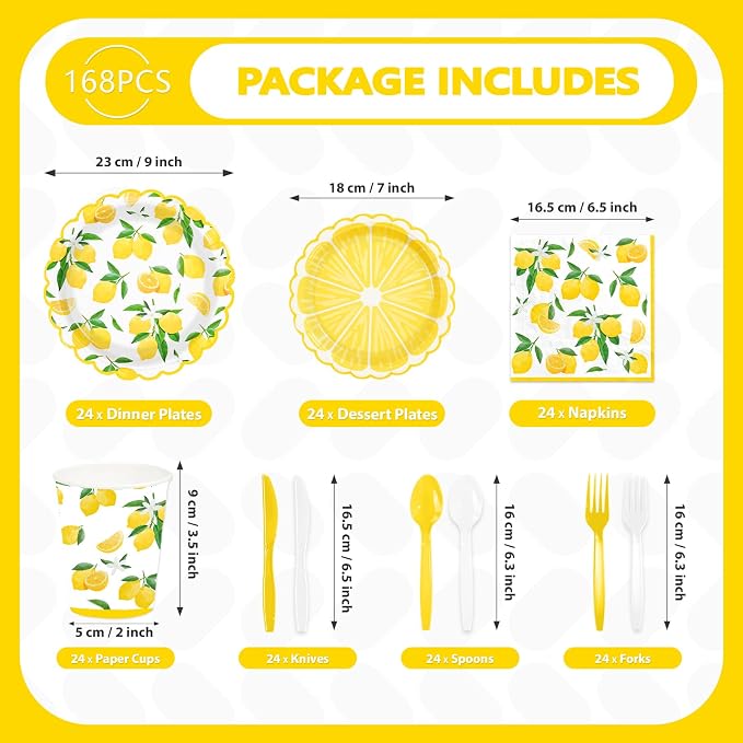 168 Pcs Lemon Party Decorations Yellow Lemons Scalloped Plates Napkins Cups - Image 2