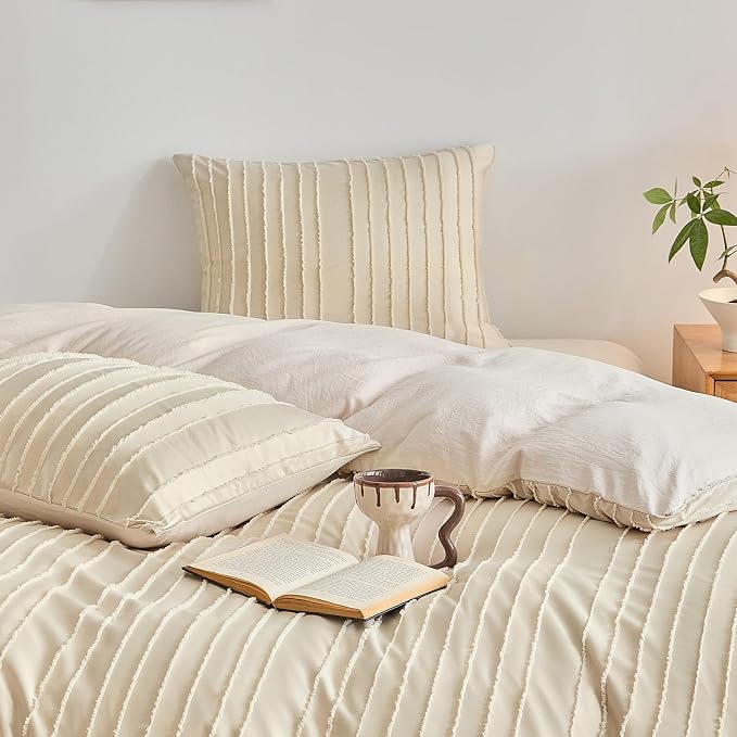 WARMDERN Khaki Boho Duvet Cover Set Full Size, Striped Textured Tufted Bedding - Image 7