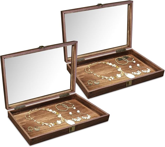 MOOCA 2 Pcs Wood Tempered Glass Top Jewelry Display Case Accessories Storage Box by Mooca