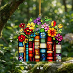 Book Lover Gifts for Women Acrylic Faux Stained Glass Window Hanging, Floral - Image 2