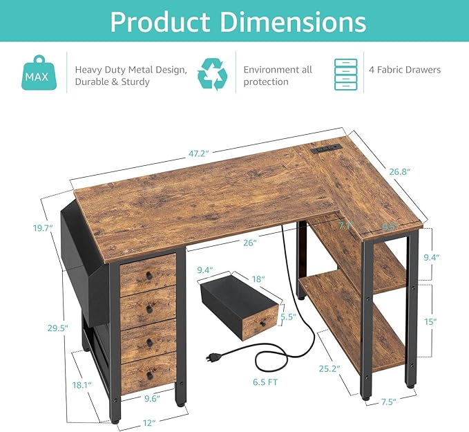 Lufeiya L Shaped Desk with Drawers & Storage Shelves, 47 Inch Small Reversible - Image 3
