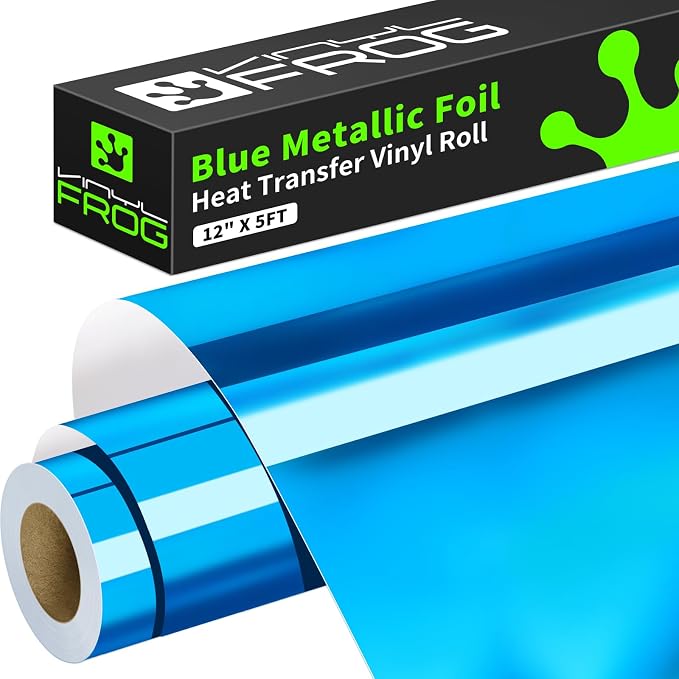 VINYL FROG Blue Metallic Foil Heat Transfer Vinyl 12" x5ft Blue HTV Vinyl Roll by VINYLFROG