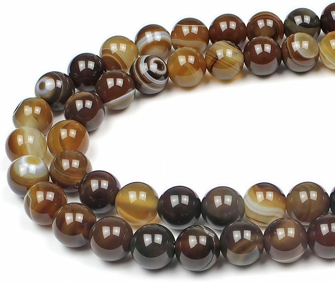 MJDCB Natural Stone Beads Coffee Stripe Agate Round Loose Beads by MJDCB