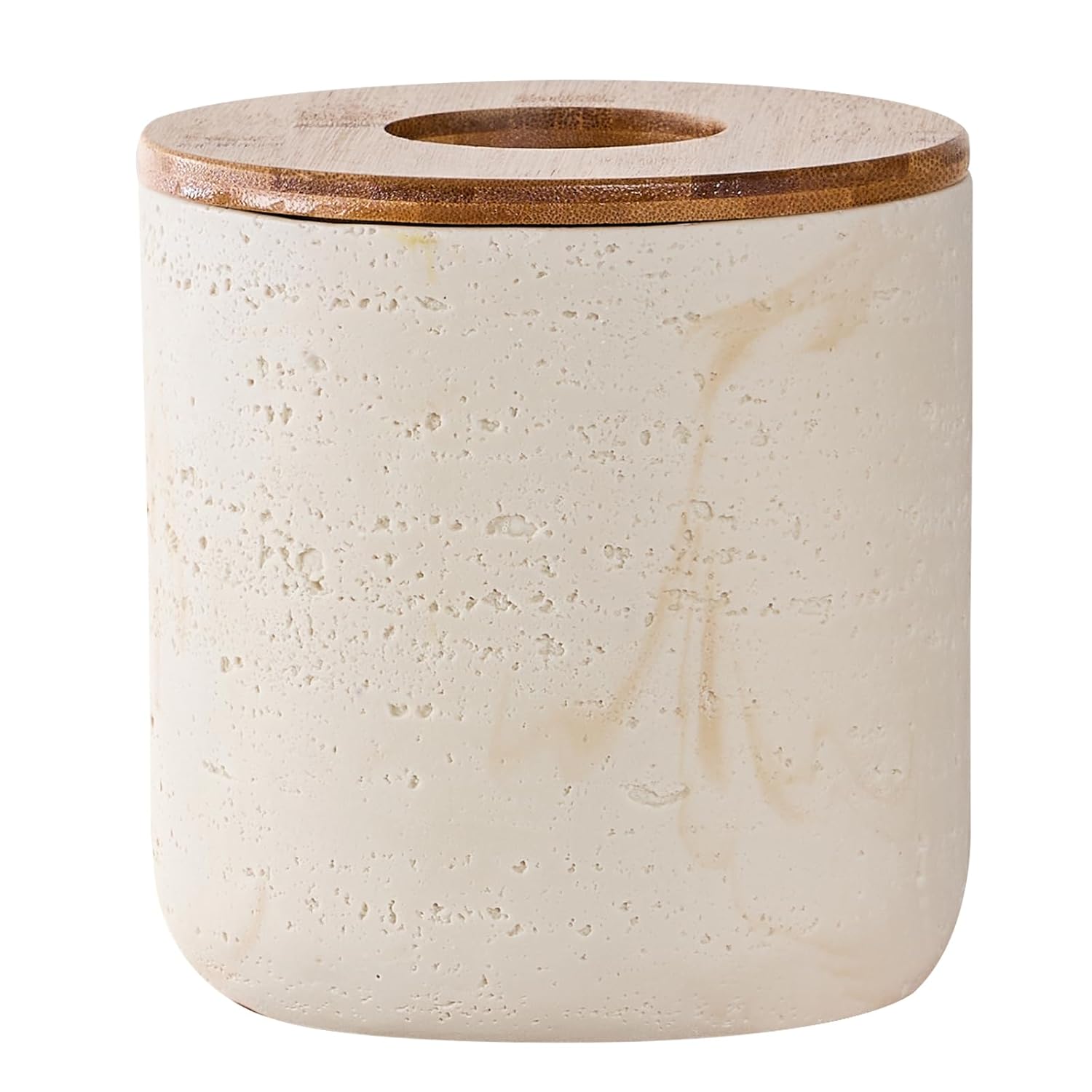 Natural Travertine Textures Beige Mini Trash Can with Bamboo Lid,Small Countertop Trash Can for Bathroom, Kitchen, Vanity, Desk Trash Can,Table Top Mini Garbage Can for Dining Room, Tiny Waste Basket