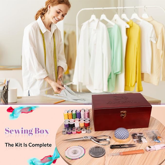 Handheld Sewing Machine, with Elegant Wooden Sewing Box and 153-Piece Sewing Kit - Image 2