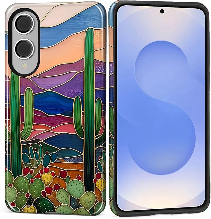 for Samsung Galaxy S25 Edge Case, Stained Glass Cactus Pattern Glossy 2 in 1 by Teonvpu