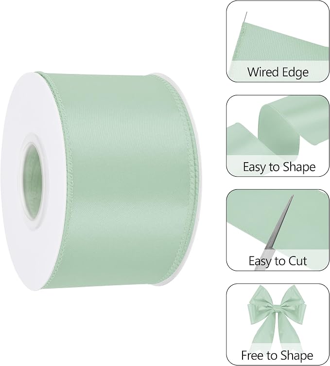 Sage Green 2.5 Inch 25 Yards Satin Wired Ribbon - Image 3