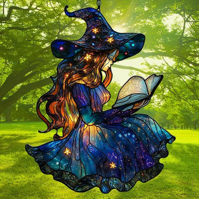 Cute Wizard Reading Books Acrylic Suncatcher Stained Glass Effect Window Car - Image 3