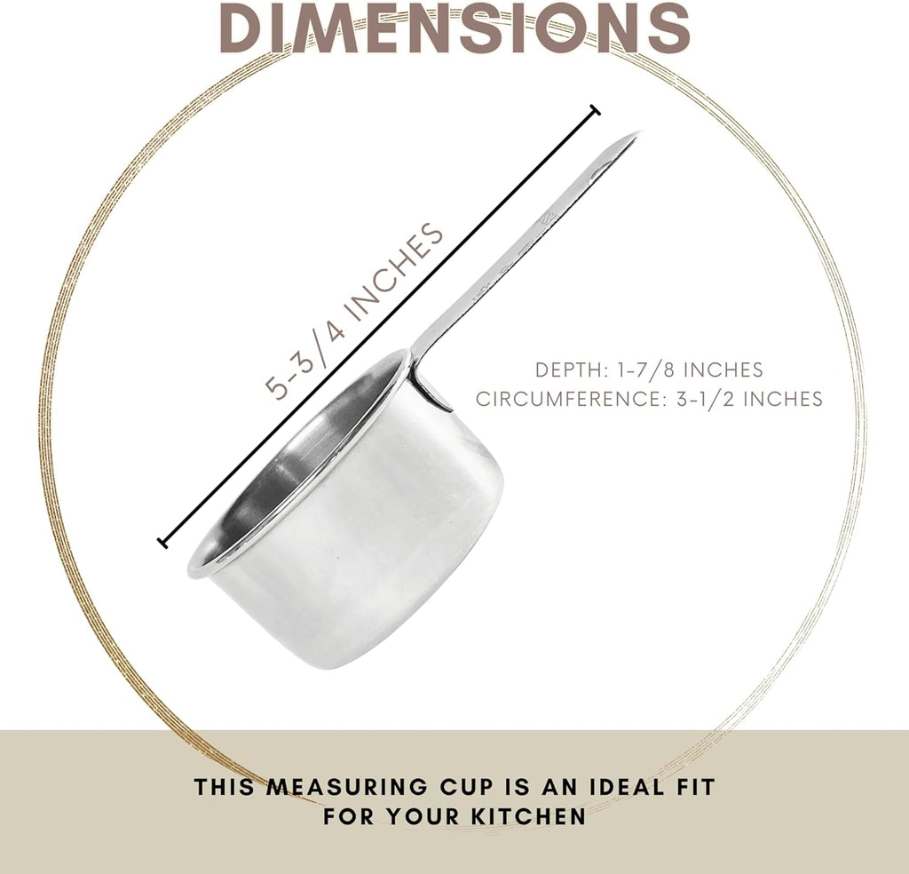 1 Cup Stainless Steel Measuring Cup | Sturdy Metal 250 ml | 240 cc | 8 oz | Single Cup for Wet and Dry Ingredients | Great for use as 1 Cup Dog Food Scoop - 4 PK
