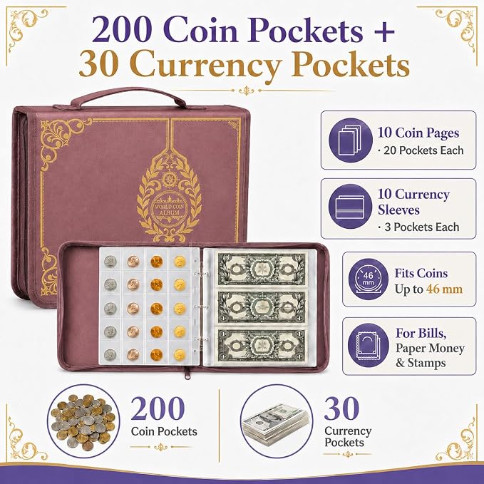 Coin Collection Book Holder for Collectors, 200 Pockets Collecting Album& 30 - Image 2