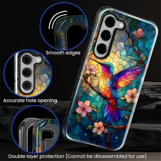 for Samsung Galaxy S23 Case, Stained Glass Hummingbird Pattern Glossy 2 in 1 - Image 5