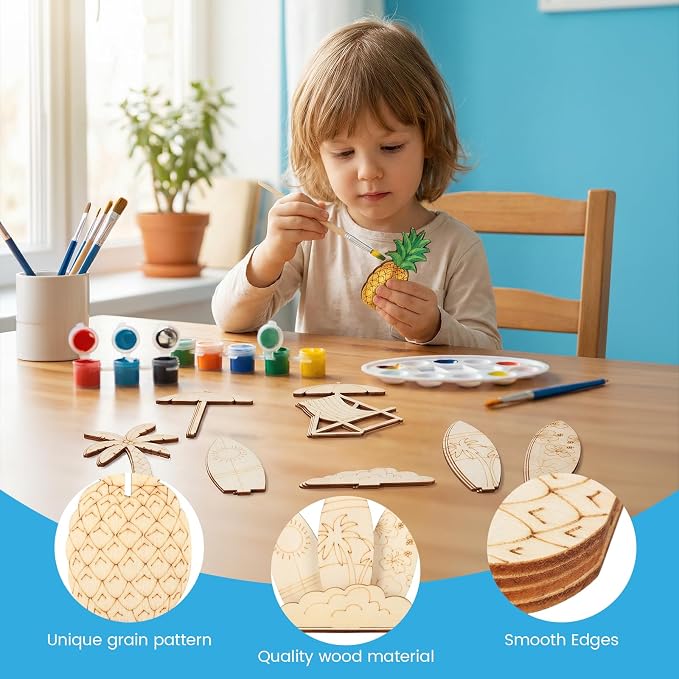 DIY 3D Summer Wood Crafts to Paint, 4 Styles DIY Blank Unfinished Wooden Slices - Image 3
