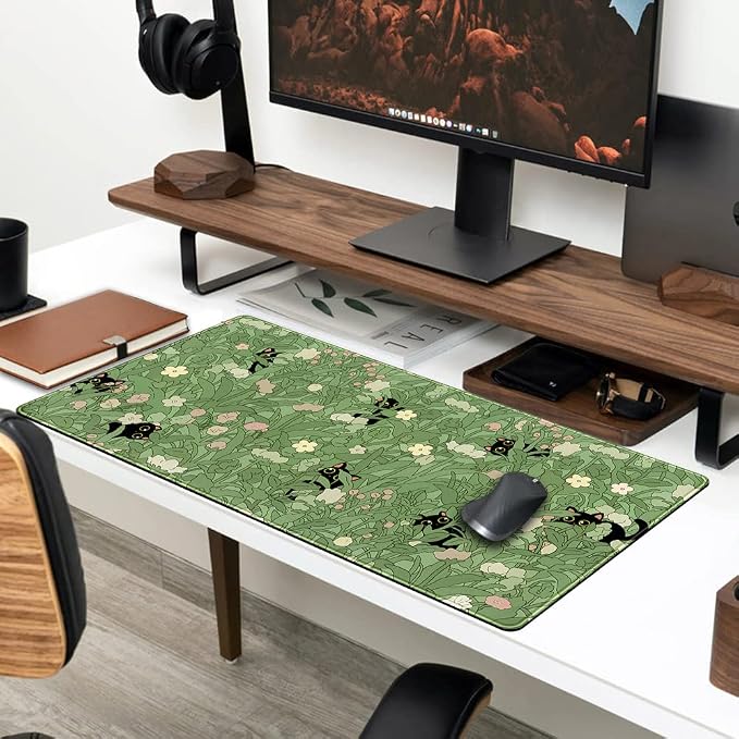 Green Desk Mat XL Cat Cute Plant Cool Desk Pad Keyboard Mat Kawaii Black Cat - Image 4