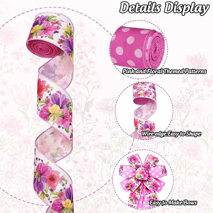 2 Rolls Spring Summer Pink Floral Wired Ribbon, 20 Yards White Dot and Colorful - Image 4