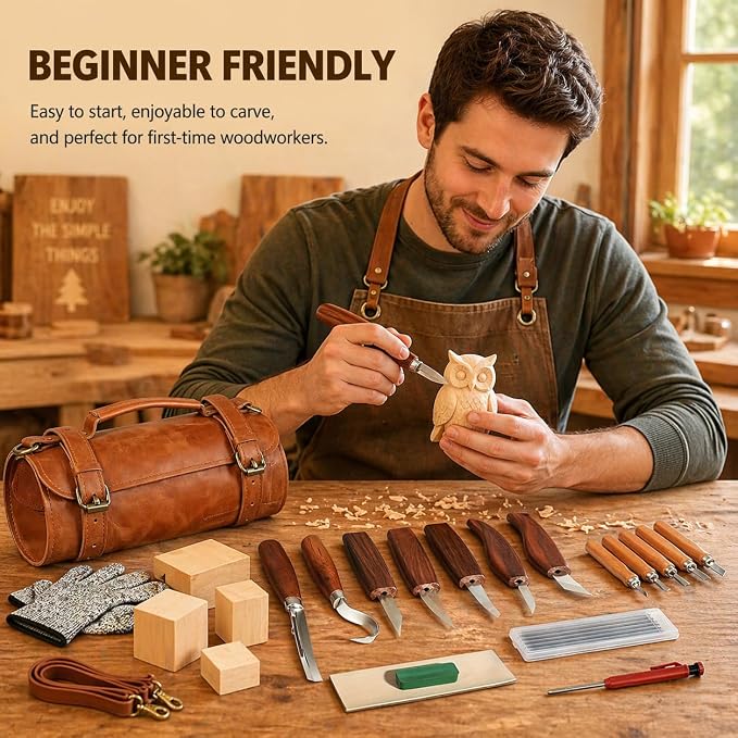 Deluxe Wood Carving Kit, High-Carbon Steel Knives, Safety Gloves, Woodworking - Image 6